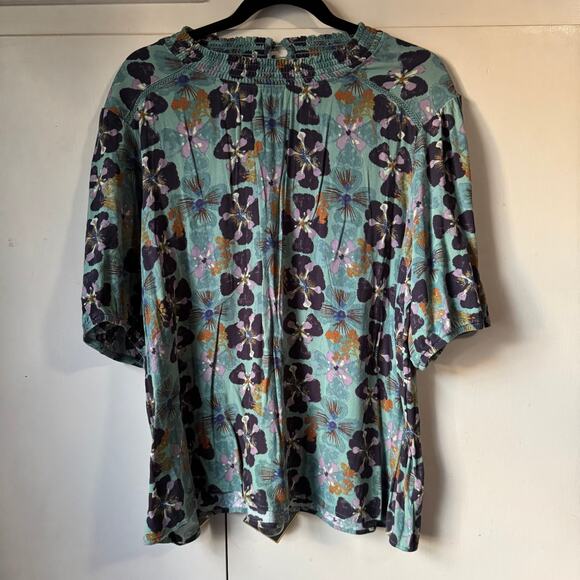 Knox Rose Floral Top Green Mock Neck Smocked Back Button Short Sleeve Sz XL - Picture 2 of 6